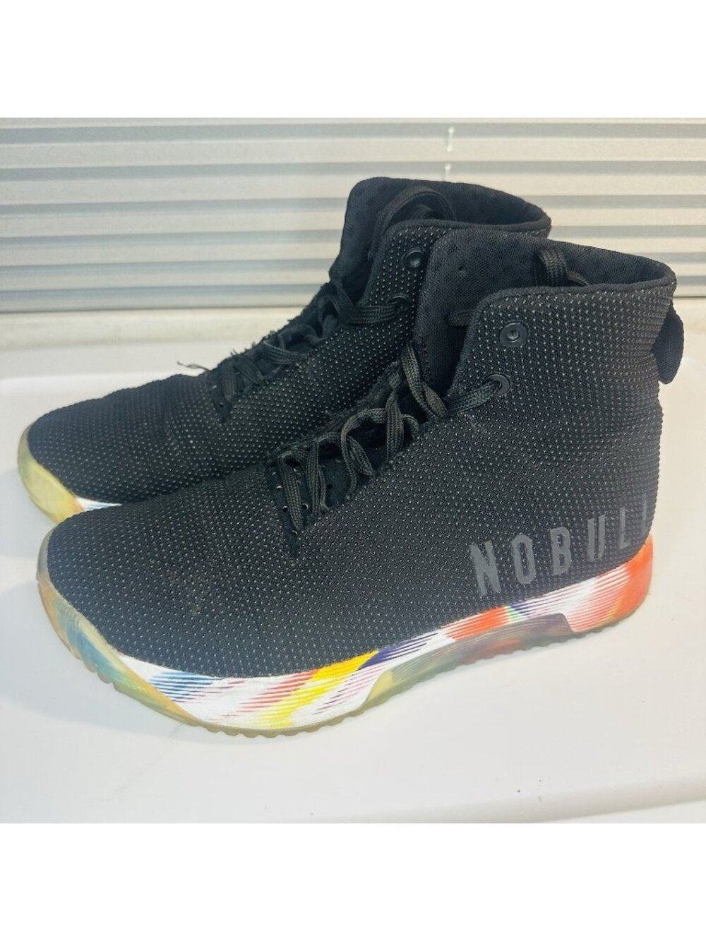 NOBULL High Top Black Super Fabric Crossfit Sneakers Mens 7 Womens 8.5 Colorful
